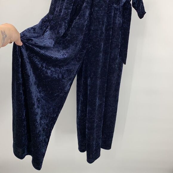 Chelsea 28 Navy Sparkle Velvet Wide Leg Jumpsuit Sz 6 - Picture 4 of 11